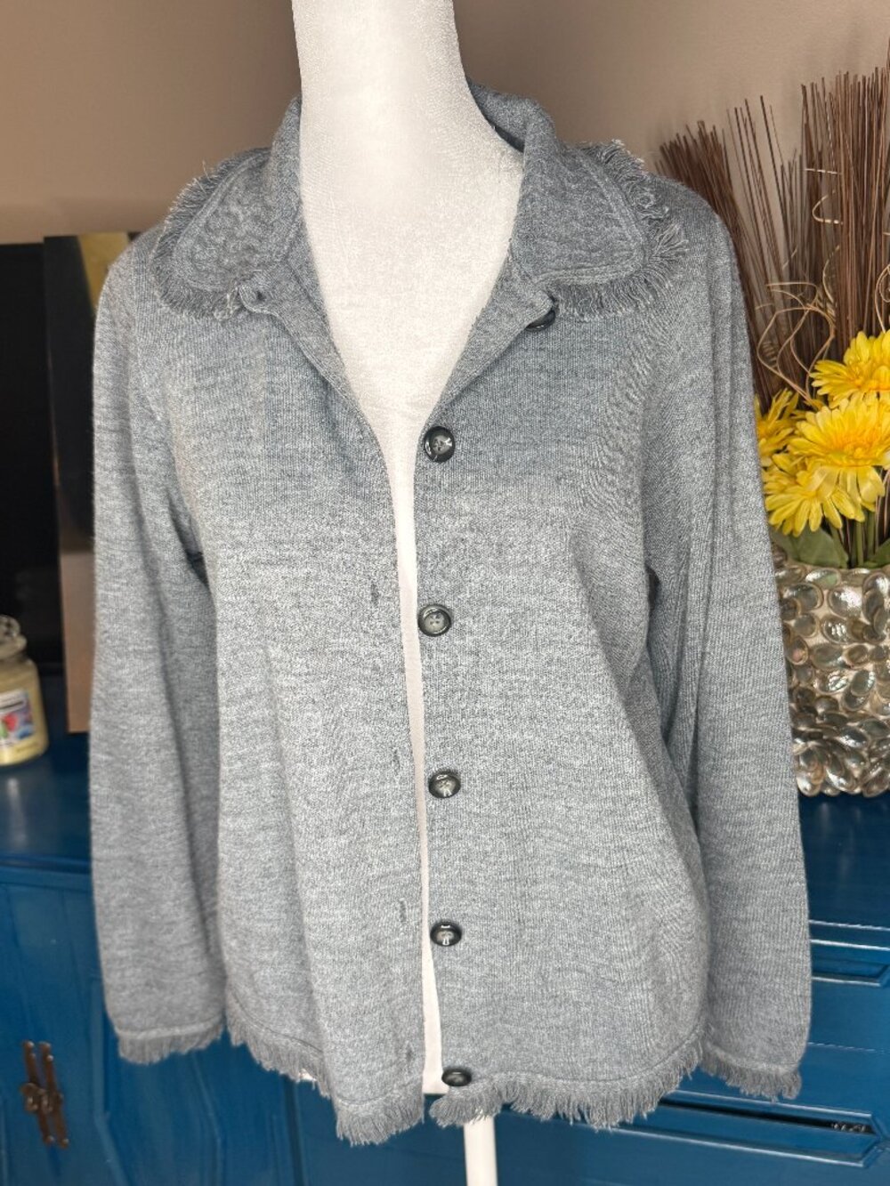 Vintage Karen Lessly Gray Knit Fringe Cardigan Sweater Jacket Size PS